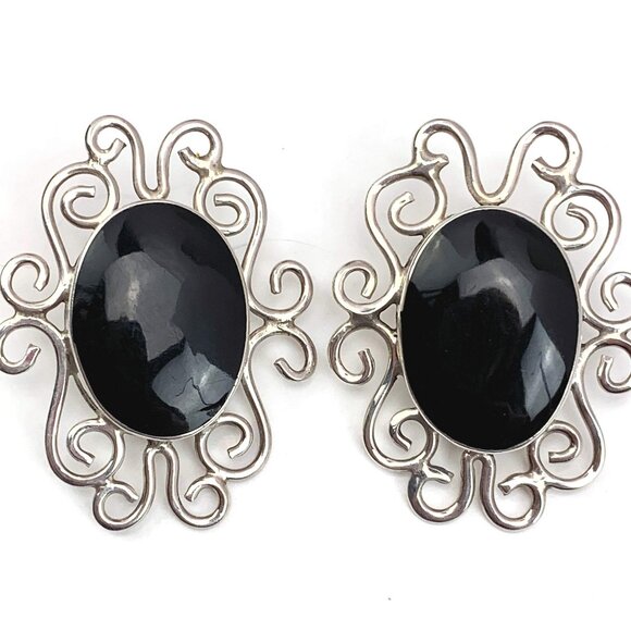 TAXCO Mexico 925 sterling and Onyx ? filigree CLIP on earrings - Picture 1 of 5